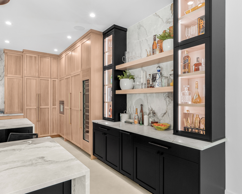 glass fronted cabinet doors in wet bar kitchen