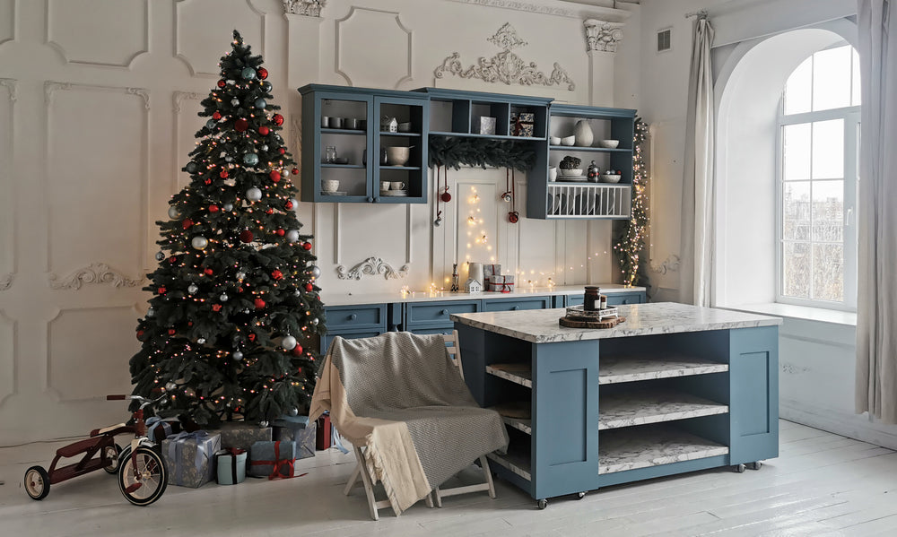 holiday decorated clean blue kitchen